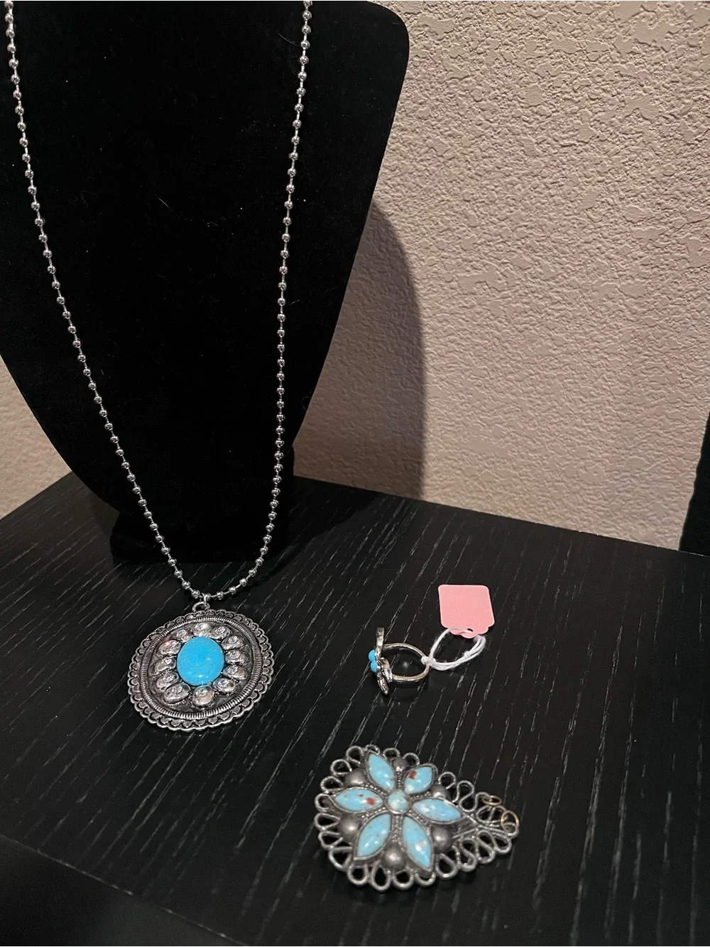 Turquoise Silver-Tone Pendant Necklace and Brooch Set - Women Jewelry